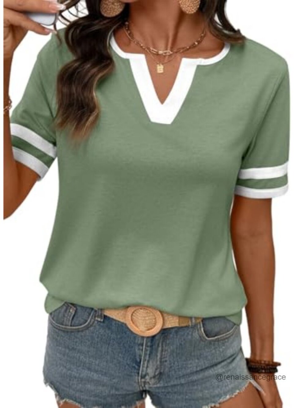 SHEWIN Womens T-Shirt V-Neck Short Sleeve Cotton Blend Casual Tee